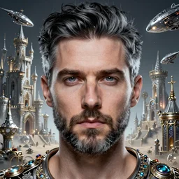 studio portrait lighting close face portrait a single face centered nice short blck and gray hair and beard, man, half soap bubble mind, half symetrical highly detailed ornate with jewels and precious metals futuristic, half sandman kingdom, outside view from half castle kingdom of dreams, space ships, hiperrealistc, global illumination, radiant light, silver, art by andreas achenbach