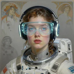 future coder looking on, glowing visor over eyes and sleek neon headphones, neon accents, desaturated headshot portrait painting by ilya repin, dean cornwall, rhads, tom whalen, alex grey, alphonse mucha, astronaut cyberpunk electric fashion photography