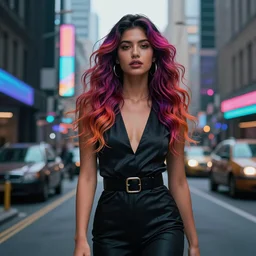 fashion photography, gorgeous latin woman with colorful hairs, cyberpunk city street, illustration, cinematic color grading, hyperrealism, elegant, vfx, postprocessing, octane render, 8 k, by charlie bowater