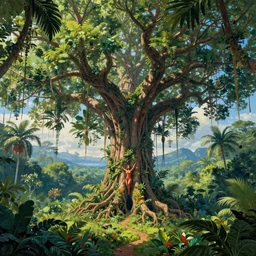 giant tree, surrealist, dmt, dmt, 5 meodmt, blissful landscape, love, high defined jungle, mother ayahuasca, ecstasy, bliss, sanctuary, sacred, vladimir kush art style