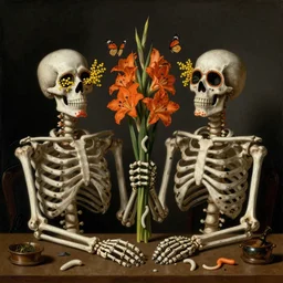 two twin skeletons, one with mimosa blossoms in the eye sockets, one holding a bushel of gladioli, butterflies and worms, day of the dead, Dutch masters, still life, classic art