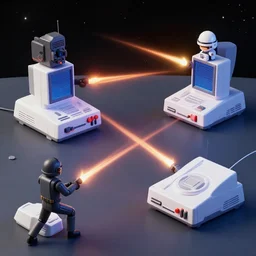 space wars shaped like video game consoles in space attacking each other with laser beams, star wars, artstation