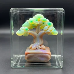 contained in a glass cube is an iridescent alien bonsai made of plasticine.