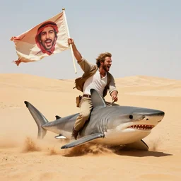 paul walker rides a shark in the desert, kicking up sand, like lawrence of arabia, he's yelling waving a flag with his own face on it