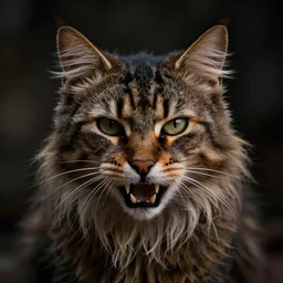 art by greg rutkowski, portrait of a humanoid feline, pointed ears, long hair,, predatory look, beard and notorious fangs, sharp focus, cinematic lighting, artstation hq.