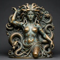 giant bronze sculpture of medusa and ouroboros, intricate, professional photography, dramatic