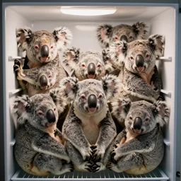 nine koalas in a refrigerator, photo.