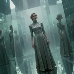 distorted perspective extremely detailed movie still foggy portrait shot of a confident woman in sci - fi dress in a distorted mirror maze by denis villenueve, ultra wide angle, 4 d