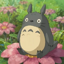 creature sitting at the flower made by studio ghibli, detail, high quality, detailed creature, beautiful scene, smooth