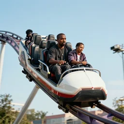 kanye west performing a live concert on a moving roller coaster