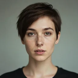 photograph portrait of a beautiful woman in the style of guweiz, short hair, freckles, septum piercing, sigma 85mm f/1.4