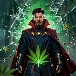 doctor strange in black suit, marijuana, marijuana leaves, green light,, multiple dimensions, shattered glass, refractions, highly detailed, cinematic by francis tneh, marvel cinematic universe, mcu, photo