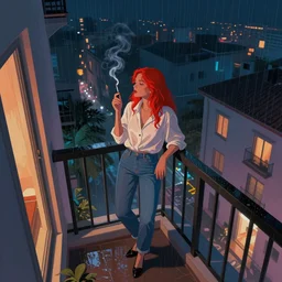 a beautiful artwork of a woman with red hair in jeans and a white shirt smoking on the balcony of a hotel at night, top view, neon and rainy theme atmosphere by Jerome Opeña, featured on artstation