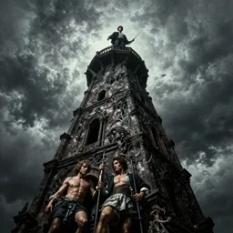 george costanza ascends a tower in filipino hell, extreme wide shot, low angle, by austin osman spare, caravaggio, gustave dore, chiaroscuro, dramatic
