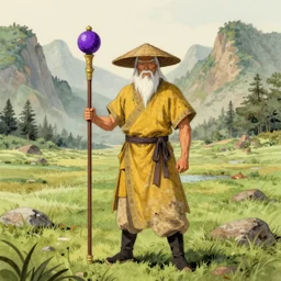 a chinese battle monk, wearing a faded dark yellow toga, straw hat, holding a long wooden staff with a purple ball attached to the top end of it and is perpendicular to the floor, long white beard, beautiful valley with a meadow and dozens of mountains, lots of shading, full body shot, drawn in the style of ken kelly
