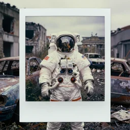 faded photographs of american white spacesuit astronaut in postapocalyptic abandoned destroyed berlin, wrecked buildings, destroyed flipped wrecked cars, polaroid photo, vintage, neutral colors, rainy day, by gregory crewdson