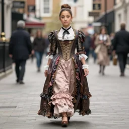 Ariana Grande Victorian Era clothing, walking through the streets of London circa 1850 XF IQ4, f/1.4, ISO 200, 1/160s, 8K, RAW, unedited, symmetrical balance, in-frame, Facial Retouch
