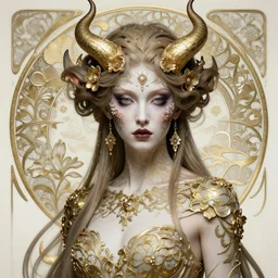 Hyperrealistic female demon portrait, art nouveau , fantasys 'i ntr'icate flower des'igns , elegant, highly detailed, sharp focus, art by Artgerm and Greg Rutkowski and WLOP