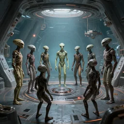 reunion of humanoid alien inside a complex space-ship