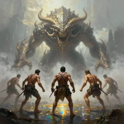 ultra realist soft painting of desperate warriors facing a single innomable gigantic creature, very intricate details, deep fog, golden ratio, volumetric rainbow lighting, reflections, refractions, symmetry accurate anatomy features, omnious background, unreal render
