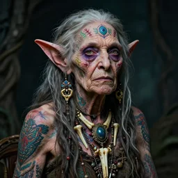 realistic image of a haggard old wrinkled female goblin shaman, colourful, intricate ornate scars and tattoos, bone jewellery, dark ambience, rococo style