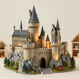 commercial photography product shot of a castle in the style of minas tirith and hogwarts, beautiful lighting, studio shoot, playroom setting