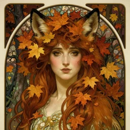 detailed portrait of a beautiful Female Furry with an autumn forest rising out of her hair by Alphonse Mucha, Zootopia,  Neo-Gothic, gothic, rich deep moody colors