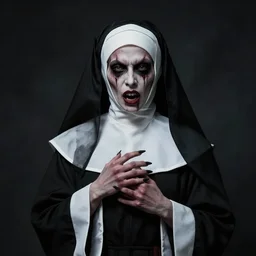 a terrifying evil nun, hyper realistic dslr photo, 8 5 mm f / 1. 8, 8 k, studio lighting, style of virgil finlay, style of bernie wrightson, style of steve hanks, style of louis wain