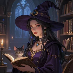 elaborately detailed portrait of a beautiful witch and her cat, in a library, dreamscape maximized, cinematic lighting, fantasy art illustration, trending on Artstation