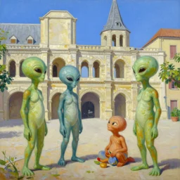 bright beautiful oil painting of space aliens abducting people from arles france with a glowing green light, light scatter, van gogh