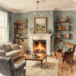 (((((((knome house living room with blazing fireplace with books))))))) . muted colors. by Jean-Baptiste Monge !!!!!!!!!!!!!!!!!!!!!!!!!!!!!!!!!!!!!!!! ((((((((((((((((((watercolor sketch))))))))))))))))))