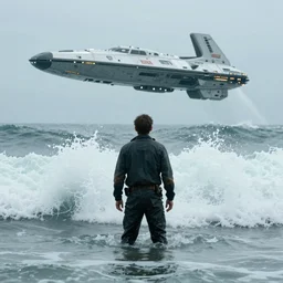 the last man standing is hip deep in wild ocean waves while a spaceship arrives to save him