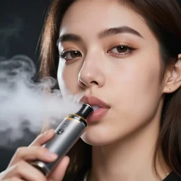 face close - up photo of the beautiful girl with a vape in the mouth, she vapes towards the camera. sigma 8 5 / 1, 4 dg, ultra - hd, hcl, one point lighting, volumetric lighting, studio lightning