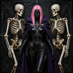body picture of female steampunk necromancer and her two robotic skeletons, skintight black clothes, dark purple cape, black skin, pink straight hair, high fantasy, black metal fractal background, ornamental, intricate, dnd, highly detailed, two arms, detailed face, smooth, sharp focus, digital painting, by artgerm and greg rutkowski and alphonse mucha