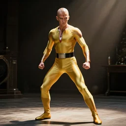 film still, full body action shot of ian mckellen playing saitama dressed in the one punch man costume