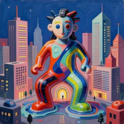 an extremely high quality hd surrealism painting of a 3d perspective neon complimentary-colors cartoon surrealism melting optical illusion sculpture gallery zaha hadid city in the shape of a melting figure by a much more skilled version of kandinskypicasso and salvia dali the fourth, salvador dali's much much much much more talented painter cousin, 8k, ultra realistic, very realistic, photorealistic