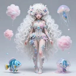 beautiful korean jelly fish woman with white curly hair and pastel smeared makeup, intricate ornate details, cotton candy, angler fish, extremely detailed, sharp focus, wide view, full body shot, smooth, digital illustration, by, james jean!!!!!, by rossdraws, frank franzzeta, sakimichan, jeremy lipking