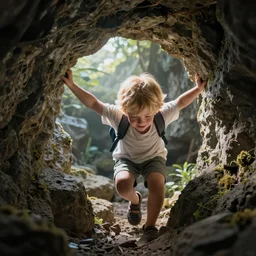 A young blonde boy climbing out of a cave well, fantasy, magical lighting ,luminosity octane render, unreal engine, 4k, 8k, detailed, realistic, Pixiv Trending