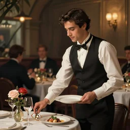 portrait of an attractive male waiter ( dark hair ) serving a table, blurry background of a busy restaurant, bloom, medium shot, waist up, dramatic lighting, painting by sargent and leyendecker, studio ghibli, fantasy, medium shot, asymmetrical, intricate, elegant, j. c. leyendecker, greg rutkowski, by greg tocchini, by james gilleard