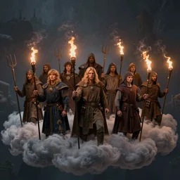 a crowd of medieval people with Pitchforks and torches standing on clouds, higly detailed, ambient lighting, mystic, rpg artwork