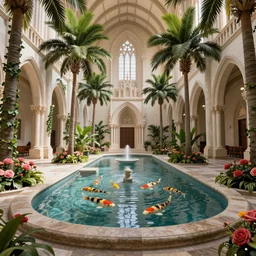 grand cathedral interior with koi! pond! in the middle! surrounded by palm trees, ivy, flowers!, tropical plants, roses!, and with archways, rendered in octane render with photorealistic volumetric cinematic lighting, wide angle, horizontal symmetry, 8 k