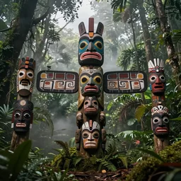 a totem in the jungle surrounded by mist, representing amazonian shamanic traditions, tribal masks, symetrical totem, hyper detailed, art by christophe vacher