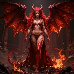 full length complex 3 d hyper realistic smooth ultra sharp render of a gorgeous!! hair fiery chained red skinned dragonkin demoness viking warrior bikini | goddess of beauty, fallen angel, medieval, fantasy, dark, hell | high detail, 4 k, hd, symmetrical, proportional, cinematic, epic scene | art by oh jinwook + 吵 集 仁 儿 on artstaion + takeshi obata + alphonse mucha + jim lee