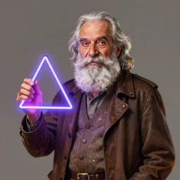 Old mathematician with a beard holding a neon triangle in his hand , digital painting , digital art , artstation , devian art , HD , 4k