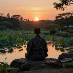ant view of a zen master in a beautiful kimono quietly sitting in a rock garden overlooking a pond of lilly pads during a sublime sunset, one sun, his dark silhouette completely obscured by bokeh, colorful masterpiece photography,