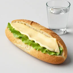 a bread roll with cheese, garlic aoli and lettuce in it, and a glass of apple juice next to it on a wooden bench, food photoshoot, professional lighting