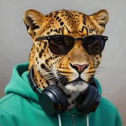 a photorealistic oil painting of a leopard wearing black sunglasses, a teal green hoodie and headphones wrap his neck. hyper detailed. this 4 k hd image is trending on artstation, featured on behance, well - rendered, extra crisp, features intricate detail, epic composition and the style of unreal engine.