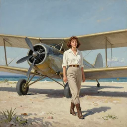 An ultra high-resolution 8K full-canvas scan of a contemporary oil painting of Amelia Earhart and her airplane on a deserted South Pacific Island in 1937, fine art, trending on Artstation, 8k, photorealistic, hyper detailed, unreal engine 5, IMAX quality, cinematic, epic lighting, digital painting in the style of Felix Kelly