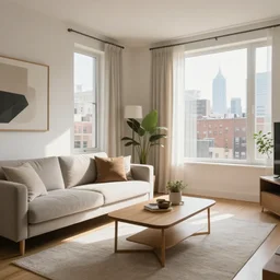 interior shot of a beautiful apartment in a city, sofa and table, morning atmosphere, 4 k, highly detailed, hd