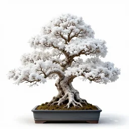 white bonsai tree, high detail photograph, full body, isolated on a pure white background, centered, entire subject in frame, sharp focus, soft studio lighting